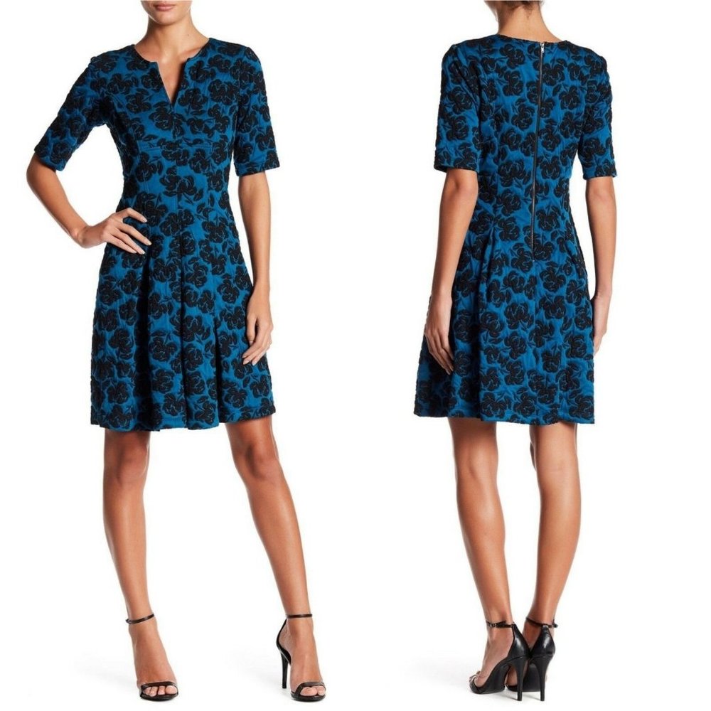 Gabby Skye Blue Black Floral Jacquard Formal Dress
